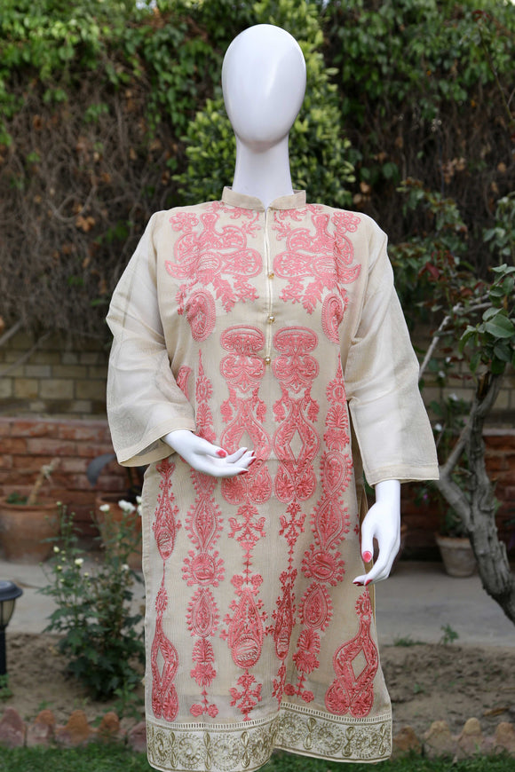 Khadi-net Kurti with Pink Embroidery - tops