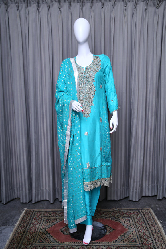 Silk Suit with Silver and Gold Bead Work - tops