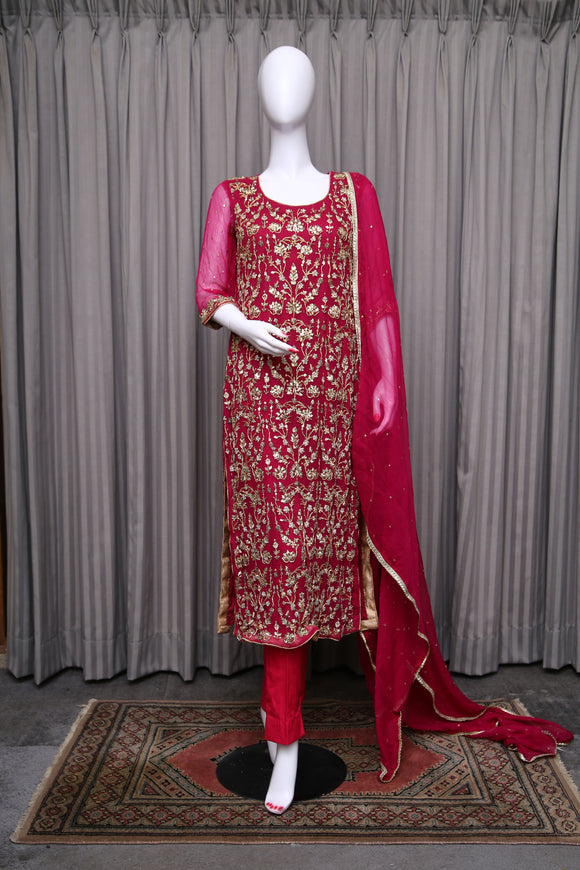 Shocking Pink Chiffon-Georgette Suit with Zari Work - tops